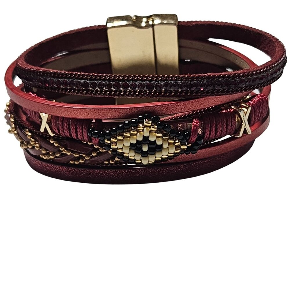 Boho Handmade Red Multi Layer Leather Stacked Bracelet Beaded Design Jewelry
